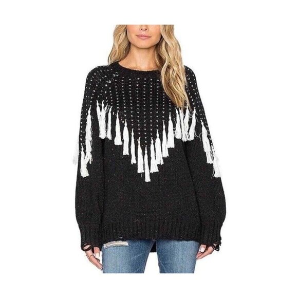 Wildfox Revolve Sweater Effie M Black White Crochet Fringe Tassel Oversized - Picture 1 of 10